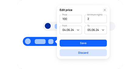 Edit price dialog with price, minimum nights, date range, Save and Discard